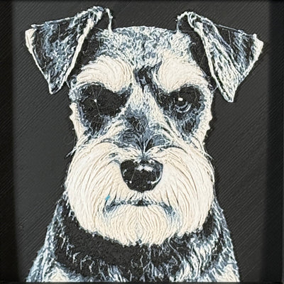 Framed 3D layered art piece featuring a highly detailed, textured portrait of a Schnauzer dog with a distinctive bushy beard and eyebrows, alert eyes, and a classic black and white coat pattern.