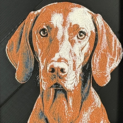 Framed 3D layered art piece featuring a highly detailed, textured portrait of a Vizsla dog with large floppy ears, expressive eyes, and a distinctive brown coat.