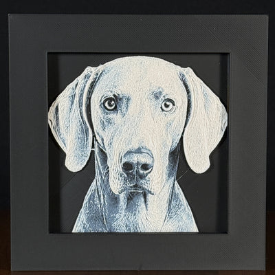 Framed 3D layered art piece featuring a highly detailed, textured portrait of a Weimaraner dog with floppy ears, alert eyes, and a sleek grey coat.