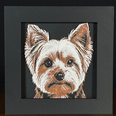 Framed 3D layered art piece featuring a highly detailed, textured portrait of a Yorkshire Terrier dog with erect ears, alert eyes, and a classic black and tan coat pattern.