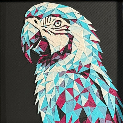 Parrot in Crimson Ice color palette, framed geometric layered art by WTX3D.
