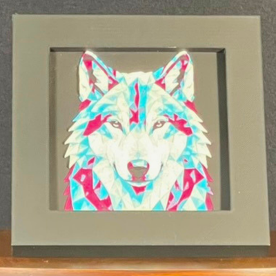 Wolf Framed Layered 3D Art in Crimson Ice Palette