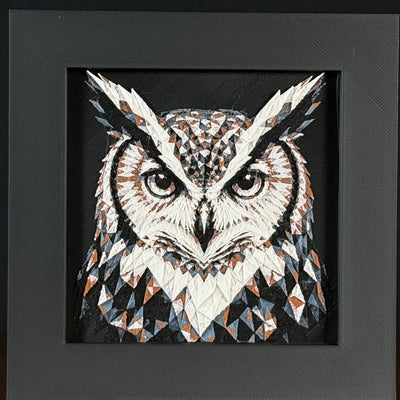 Geometric owl layered art in Heritage palette in a black frame