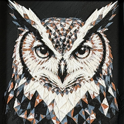 Geometric owl layered art in Heritage palette in a black frame