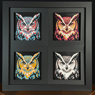 Geometric owl layered art four-pack showing multiple color palettes in a black frame