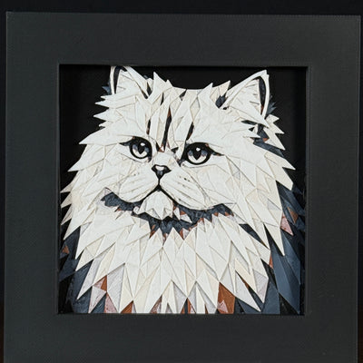 Geometric Persian cat layered art in Heritage palette in a black frame