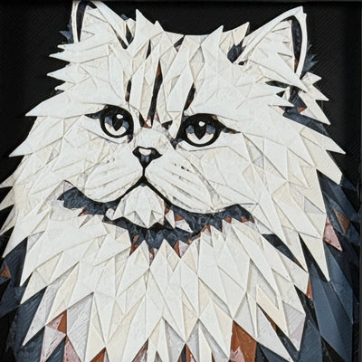 Geometric Persian cat layered art in Heritage palette in a black frame