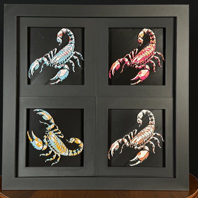 Geometric scorpion layered art four-pack showing multiple color palettes in a black frame