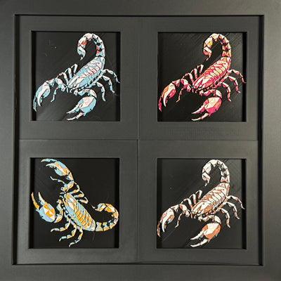 Geometric scorpion layered art four-pack showing multiple color palettes in a black frame
