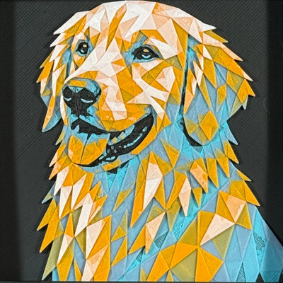 Golden Retriever in Teal Orange color palette, framed geometric layered art by WTX3D.