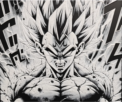 Framed 3D layered art piece featuring a detailed grayscale manga-style portrait of a proud anime warrior prince character with sharp spiky hair and a fierce, determined expression surrounded by dynamic action energy lines.
