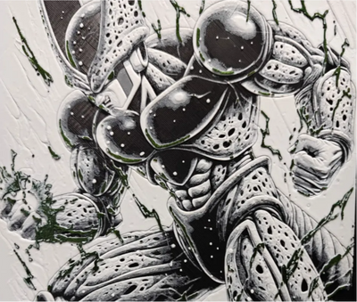 Black armor alien framed layered 3D art with detailed black and white contrast