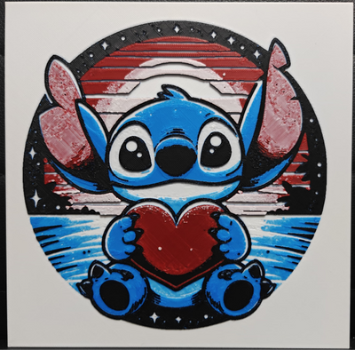 Framed 3D layered art piece featuring an adorable illustration of a cute blue alien character with large ears happily sitting and holding a large red heart, set against a circular retro 80s synthwave sunset background with red horizontal lines and blue water.