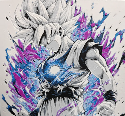 Blue purple energy warrior framed layered 3D art with splash accents