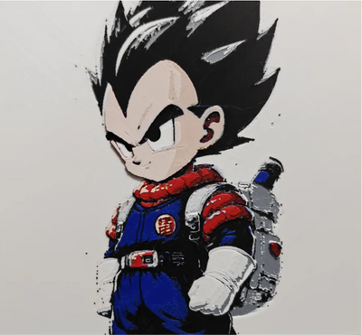 Framed 3D layered art piece featuring a detailed chibi-style illustration of a young anime warrior prince with spiky black hair, wearing white and brown shoulder armor over a blue jumpsuit with a red cape against a light background.