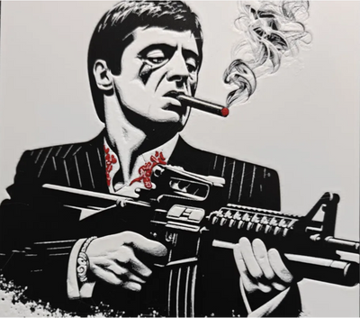 Framed 3D layered art piece featuring a stylized grayscale illustration from image_084b59.png of a classic movie gangster smoking a cigar and holding an assault rifle, accented with red details on a light background.