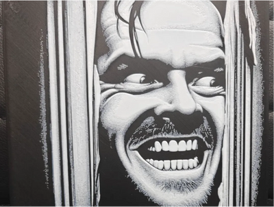 Doorway grin horror framed layered 3D art with intense black and white contrast