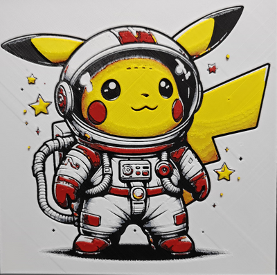 Framed 3D layered art piece from image_9b4f46.png featuring an adorable illustration of a cute yellow electric mouse character dressed in a detailed white and red astronaut space suit with a helmet, surrounded by small floating gold stars against a light gray background.