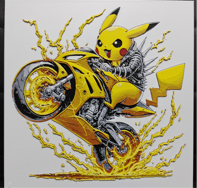 Framed 3D layered art piece featuring a dynamic and high-energy illustration of a yellow electric mouse character riding a futuristic yellow and silver cybernetic motorcycle, performing an action-packed wheelie surrounded by explosive yellow lightning energy trails against a light background.