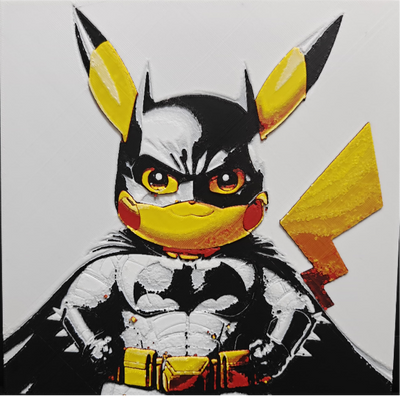 Framed 3D layered art piece featuring a fierce illustration of a cute yellow electric mouse character dressed as a caped comic book vigilante, complete with a black cowl mask with pointed ears, a muscular gray armor suit with a chest emblem, a flowing black cape, and a prominent yellow utility belt against a light background.