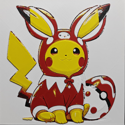 Framed 3D layered art piece from image_9b56c9.png featuring an adorable illustration of a cute yellow electric mouse character wearing a red and white holiday delivery bird costume, sitting next to a red-spotted monster egg with a central ball design against a light gray background.