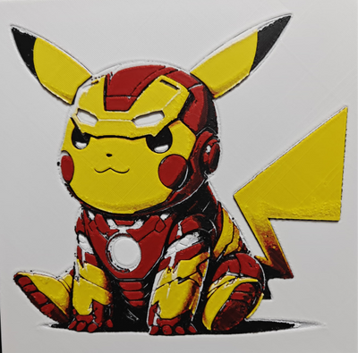 Framed 3D layered art piece from image_9b4f6c.png featuring an adorable illustration of a cute yellow electric mouse character wearing a detailed red and gold high-tech mechanical armor suit with a glowing circular chest piece against a gray background.