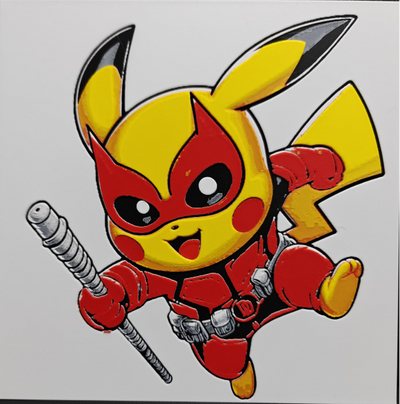 Framed 3D layered art piece featuring a cute and dynamic illustration of a yellow electric mouse character dressed as a red comic book vigilante, wearing a red face mask with dark eye lenses and a red costume, leaping into action while holding a silver baton weapon against a gray background.