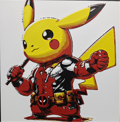 Framed 3D layered art piece from image_9b5346.png featuring an adorable illustration of a cute yellow electric mouse character dressed in a detailed red and black tactical mercenary costume, complete with a brown utility belt and a katana handle reaching over its shoulder against a gray background.