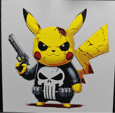 Framed 3D layered art piece featuring a gritty illustration of a yellow electric mouse character dressed as a dark comic book vigilante, wearing a black shirt with a large white skull emblem and holding a silver handgun, complete with a stern, battle-damaged expression against a gray background.