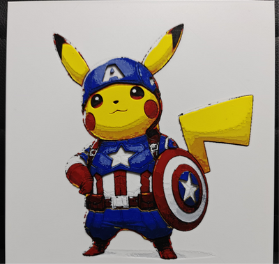 Framed 3D layered art piece featuring a heroic illustration of a cute yellow electric mouse character dressed as a patriotic super soldier, wearing a blue helmet with a white letter emblem, a matching blue and red-and-white striped tactical suit with a central star on the chest, and holding a circular red, white, and blue star shield against a light background.