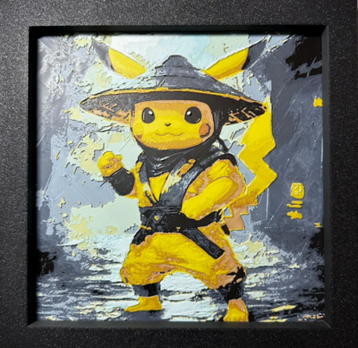 Framed 3D layered art piece featuring Electric mouse warrior in yellow palette in a black frame