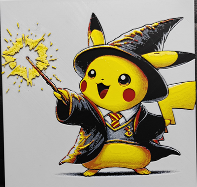 Framed 3D layered art piece featuring an adorable illustration of a happy yellow electric mouse character dressed as a magical wizard student, wearing a pointed black hat and dark robes over a shirt and tie, casting a bright glowing yellow spell from a wooden wand against a light gray background.