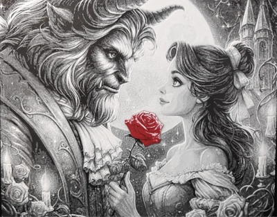 Framed 3D layered art piece from image_8f81bc.png featuring a detailed sketch-style grayscale portrait of a fierce, bearded beast creature looking tenderly at a beautiful princess character who is holding a single, vibrant red rose as a striking pop of color.