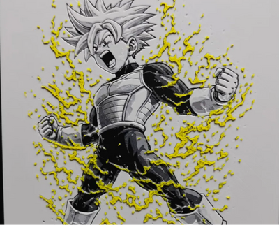 Framed 3D layered art piece from image_8d3484.png featuring a detailed illustration of a determined young anime warrior with spiky hair, wearing battle armor chest plate, surrounded by a vibrant yellow-gold energy aura with crackling electric lightning effects against a light background.