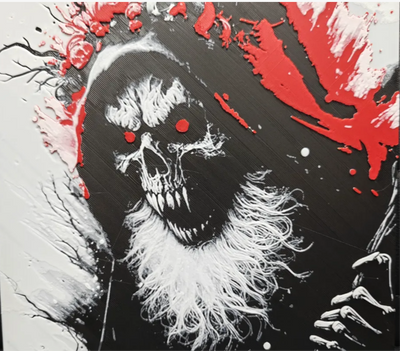 Grim reaper skull framed layered 3D art with red accent background detail