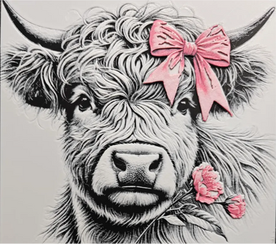 Highland cow bow framed layered 3D art with pink bow and flower accents