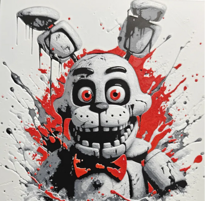 Framed 3D layered art piece featuring a creepy white animatronic rabbit creature with wide eyes, a red bow tie, and black teeth, accented with red splatter details on a light background.