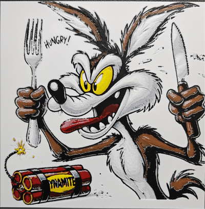 Framed 3D layered art piece from image_8e897e.png featuring a vibrant illustration of a classic, crazed cartoon coyote holding a fork and knife looking ready to eat, sitting right next to a bundle of red dynamite sticks with a yellow label.