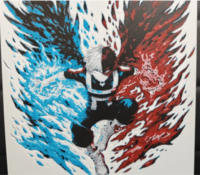 Ice fire warrior framed layered 3D art with blue and red energy effects