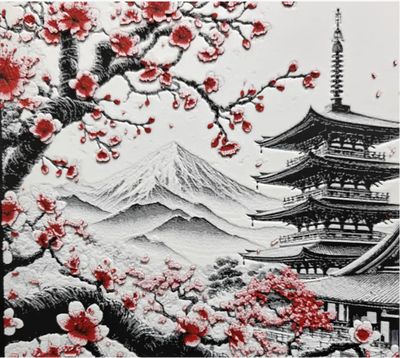 Framed 3D layered art piece from image_9053f4.png featuring a scenic Japanese landscape with Mount Fuji and a multi-tiered traditional pagoda in detailed grayscale, accented beautifully by a striking pop of red cherry blossoms in the foreground.