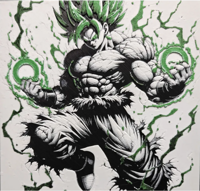 Framed 3D layered art piece featuring a highly detailed illustration of an extremely muscular anime warrior character with wild spiky hair screaming in rage, accented by swirling glowing green power rings against a light background.