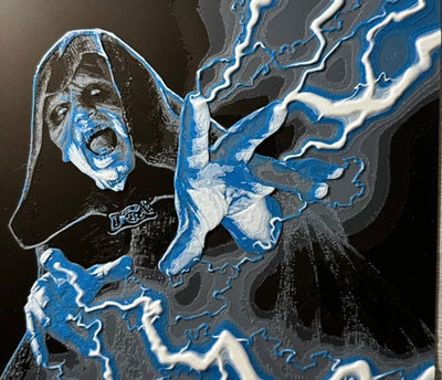 Framed 3D layered art piece featuring a lightning emperor in grayscale with blue color accents.