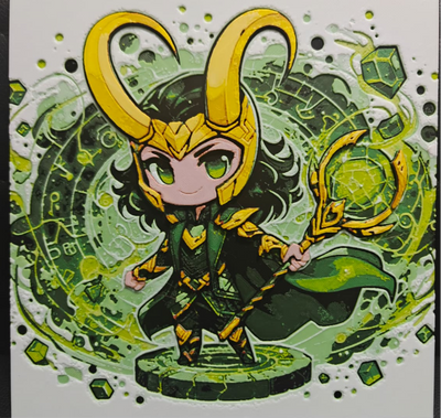 Framed 3D layered art piece featuring a cute chibi illustration of a mischief god character wearing a golden horned helmet and green armor, holding a magical scepter with a glowing green orb in front of a swirling green magic circle against a light background.