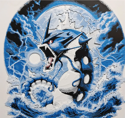 Ocean serpent framed layered 3D art with blue sea creature, crashing waves, moonlit sky, and electric water effects