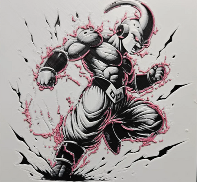Framed 3D layered art piece featuring a detailed illustration of a sinister, muscular pink anime villain character with a head appendage, grinning maliciously amidst a chaotic aura of pink and dark energy splatters.