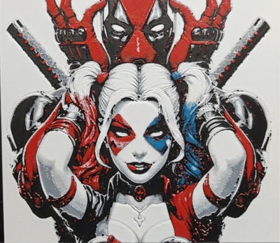 Red black jester framed layered 3D art with twin swords and blue accents