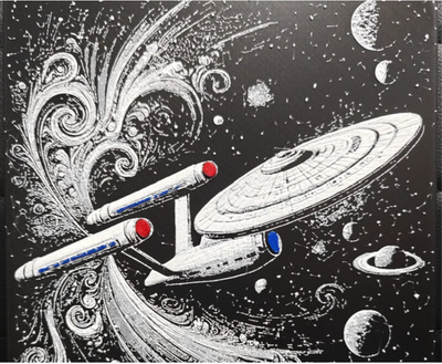 Retro space ship framed layered 3D art with planets and stars