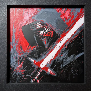 Framed 3D layered art piece featuring Dark sci-fi saber layered art in grayscale and red palette