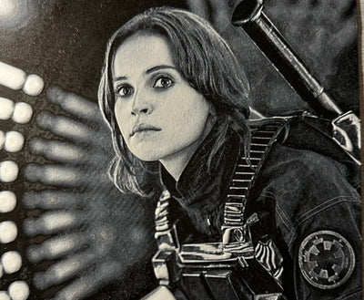 Framed 3D layered art piece featuring a sci-fi rebel heroine in grayscale.
