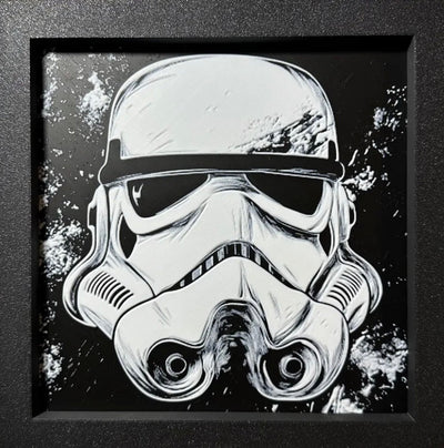 Framed 3D layered art piece featuring Sci-fi trooper layered art in grayscale palette in a black frame